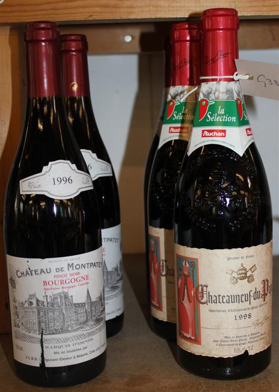 3 bottles of 1998 Chateau Neuf Du Pape & 2 other red wines